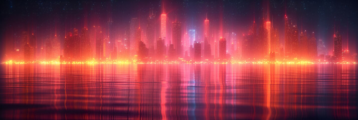 A neon illustration of a pink orange city skyline. Created with generative AI.
