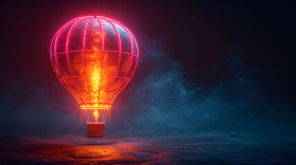 A neon illustration of a pink orange hot air balloon. Created with generative AI.