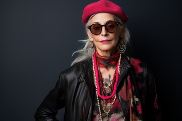 Fashionable senior woman wearing red beret and sunglasses. Studio shot.