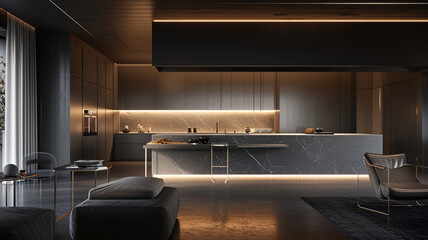  modern kitchen interior, characterized by minimalist design and sophisticated lighting