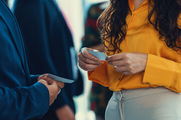 Successful businesswoman holding the name card during talking to manager about their cooperation. Cropped image of exchanging name card between businessman and businesswoman. Side view. Intellectual. - obrazy, fototapety, plakaty