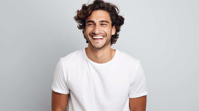 Happy smiling young adult man on a solid background