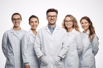Obraz premium Group shot of beauty face staff in white medical lab coat, white background. Generative AI.