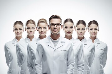 Obraz premium Group shot of beauty face staff in white medical lab coat, white background. Generative AI.