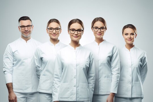 Group shot of beauty face staff in white medical lab coat, white background. Generative AI.