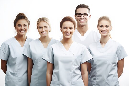 Group shot of beauty face staff in white medical lab coat, white background. Generative AI.