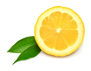 Lemon half with leaves isolated on white background