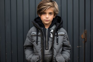 Portrait of a cute little boy with blond hair in a jacket on a black background - obrazy, fototapety, plakaty