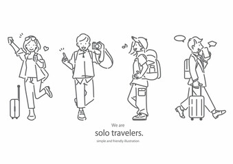 Fototapeta na wymiar 一人旅を楽しむ旅人たち　シンプルでお洒落な線画イラスト