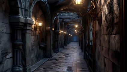 a hallway with stone walls in the dark