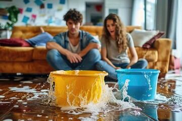 A couple sits in a damp, dimly lit room, their clothes drenched as they desperately try to contain the overflowing buckets of water cascading down the walls