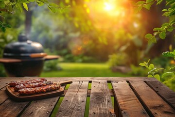A savory slice of pizza rests atop a rustic wooden table, surrounded by lush green grass and towering trees, a perfect outdoor treat in the warm sun of a peaceful park garden