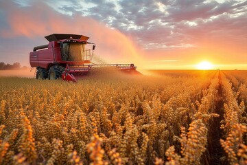 Fototapeta premium A majestic red farm machine works tirelessly in the field, surrounded by golden wheat and under a vibrant sunset sky, as the summer harvest of cash crops begins