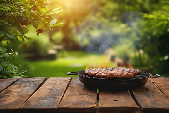 Amidst the vibrant garden, a mouth-watering dish sizzles on the wooden barbecue table under the warm sun, surrounded by lush trees and grass, creating the perfect outdoor cooking experience