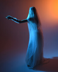 Close up portrait of beautiful model wearing white wedding gown and ghostly flowing veil like a...
