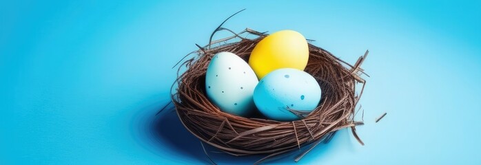 Banner. Easter colored eggs in a nest on a blue background. Minimalism. Holiday concept with copy space.