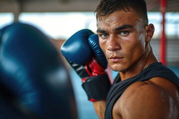 A determined man prepares to enter the ring, his muscular frame glistening with sweat as he dons his boxing gloves, ready to unleash his aggression and compete in the intense combat sport of professi