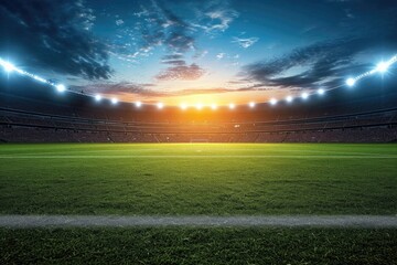 Amidst the night sky, a sea of green artificial turf glows under the floodlights of the stadium as passionate fans fill the stands, creating an electric atmosphere for a thrilling game of soccer - obrazy, fototapety, plakaty