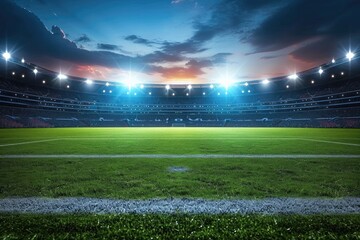 A vibrant arena beneath the starry night sky, with lush green grass and artificial turf illuminated...