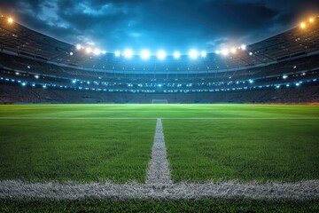 A vibrant outdoor arena, illuminated by floodlights against the night sky, boasts a lush green field of artificial turf for the ultimate soccer experience