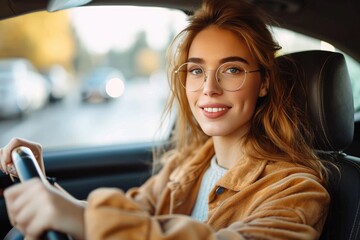 A beaming woman with long hair gazes at her reflection in the car mirror, radiating confidence and poise as she prepares to embark on a new journey