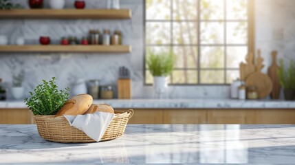 A cozy indoor scene filled with natural elements, as a wicker basket of freshly baked bread sits atop a table adorned with a flowerpot, houseplant, and vase, while a storage basket and picnic basket 