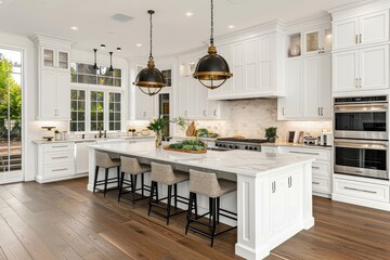 An elegant indoor kitchen featuring sleek white cabinetry, a spacious island, and modern appliances, creating a cozy and functional space for cooking and entertaining in the comfort of home - obrazy, fototapety, plakaty