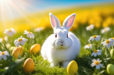 Fototapeta premium Cute rabbit on a sunny meadow with decorated eggs for the Easter holiday. Easter concept