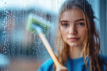 A determined woman gazes through a rain-streaked window, broom in hand, her portrait reflecting the strength and resilience of a girl who refuses to let the storm defeat her