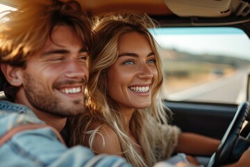 A joyful couple enjoying a scenic drive, their beaming faces and stylish attire complementing the sleek car and beautiful outdoor scenery