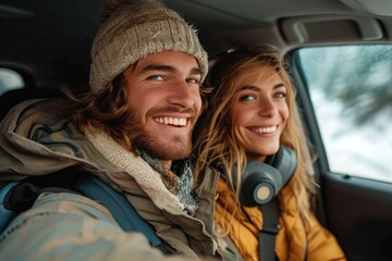 A happy couple captures a winter moment in their car, showcasing their smiling faces and stylish jackets in a scenic outdoor setting