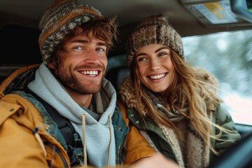 A stylish man and woman with beaming smiles drive through the wintry landscape, their fashionable jackets and accessories adding a touch of elegance to the outdoor scenery