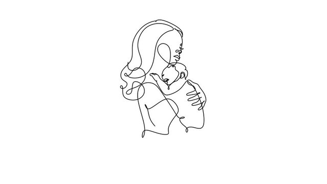 Pregnant woman and mother with baby. Continuous line drawing animation video. Pregnant woman hugging belly line art vector video. happy pregnant woman line art drawing.4k video