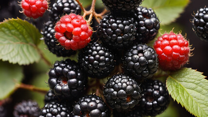 blackberry and raspberry on a branch, close up texture blacberries and raspberries