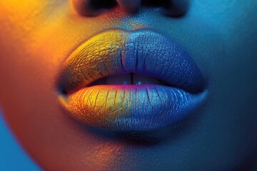 A vivid display of femininity captured in the striking closeup of a woman's lips adorned with colorful lipstick and framed by delicate eyelashes - obrazy, fototapety, plakaty