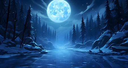 Fototapeta na wymiar a full moon over the woods in a winter night
