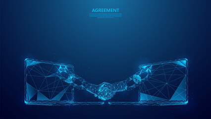 Virtual handshake business concept illustration via laptop screen. Blockchain technology agreement low poly style. - obrazy, fototapety, plakaty