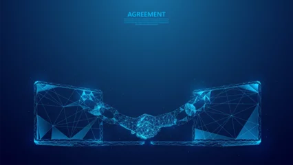 Fotobehang Virtual handshake business concept illustration via laptop screen. Blockchain technology agreement low poly style. © AhmadTriwahyuutomo