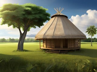 A nipa hut situated in the green meadow beside tree - obrazy, fototapety, plakaty