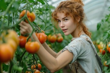 Fototapeta na wymiar A woman in her natural clothing enjoys the beauty of nature while harvesting fresh, vibrant cherry tomatoes from a bush plant in her outdoor greenhouse