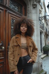 Fototapeta premium A stylish woman confidently stands outside a building, her brown fur jacket adding a touch of elegance to her street fashion ensemble as she poses for a picture
