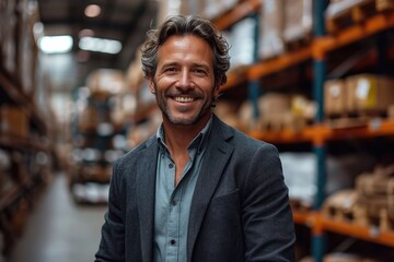 A contented man stands confidently in front of a store's warehouse shelves, his smile reflecting the warmth and familiarity of the indoor space as he showcases the latest clothing options for his cus