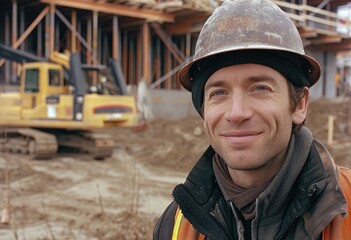 Fototapeta premium A rugged construction worker wearing a hard hat and helmet smiles confidently while standing outside on the ground, ready to tackle the building project ahead