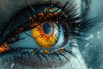 Vibrant orange and yellow lashes frame the intricate details of a mesmerizing eye, drawing you into the depths of its captivating iris