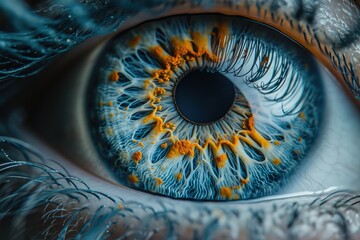 Fiery veins run through the vibrant iris, capturing the intricate beauty of the human eye up close