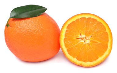 Collection orange fruit whole and half with leaves isolated on white background