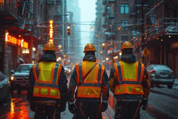 Foto op Canvas A group of blue-collar workers, including firefighters and police, donning high-visibility gear and standing on a busy city street with their reflective vests and helmets, ready to take on any emerge © LifeMedia