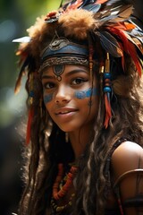 A radiant woman adorned with a vibrant headdress and feathers, exuding joy and confidence as she embraces the carnival spirit with her captivating smile and dazzling fashion accessory