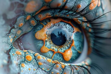 An intricate blend of vibrant orange and blue patterns swirl within the depths of a mesmerizing...