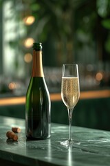 Indulge in a luxurious night of celebration with a bottle of champagne and a glass of wine, perfectly complementing the elegant barware and table setting